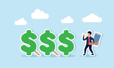 Tahta ve büyük bir çekiç taşıyan bir işadamı, düşmelerini önlemek için bir dizi dolar işaretini desteklemeyi ve şirketin mali varlıklarını güvence altına almayı amaçlıyor.