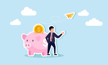 Kumbaranın yanında duran bir işadamı uçan kağıt uçakları gözlemliyor, mali performansı artırmak için iş eğilimlerini gözlemliyor ve analiz ediyor.