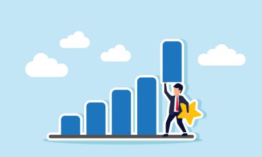 Bir yıldız tutan ve bir bar çizelgesini kaldıran işadamı, iş dünyasının performansının kalitesini artırma çabalarının bir göstergesi