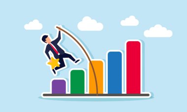 Yıldız taşıyan bir işadamı, uzun bir tahta çubuk kullanarak çizelgeyi geçmeye çalışıyor, iş kalitesini yükseltme çabalarının bir göstergesi.