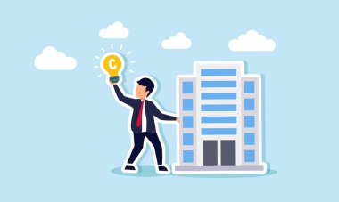 Elleri havada bir bina tutan bir işadamı, üzerinde C harfi yazılı bir lamba gösteriyor. Ticari yasallığın net bir yasal koruma ile resmedilmiş hali.