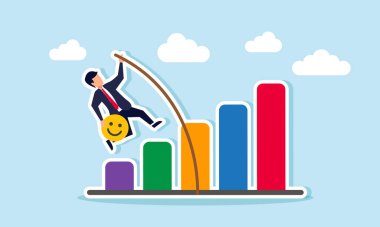 Mutluluk simgesi taşıyan bir işadamı, uzun bir tahta çubuk kullanarak bir grafiği geçmeye çalışıyor, piyasanın ilgisini artırma çabalarının bir göstergesi.