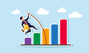 Elinde kupa taşıyan bir işadamı, uzun tahta bir sopayla haritadan geçmeye çalışıyor. Önde gelen bir şirket olma çabalarının bir göstergesi.