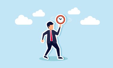 İşadamı, projenin son teslim tarihinde çalışmaktan zevk aldığını gösteren bir çizim yaparak parmağında saat döndürüyor.