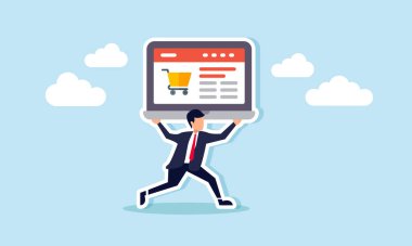 Pazar yeri web sitesini gösteren bir dizüstü bilgisayarla yürüyen bir işadamı, pazar yeri yönetimindeki ilerlemenin bir örneği