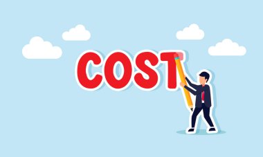 COST sözcüğünü silmek için kalem silgi kullanan bir işadamı, daha az acil ihtiyaçlar için iş maliyetlerini azaltmanın bir göstergesi.