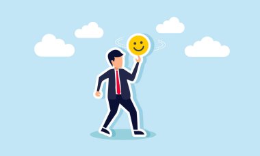 İşadamı parmağında mutlu bir ifade döndürüyor. Piyasanın dikkatini çekmek için stratejiler uygulamaktan keyif aldığını gösteriyor.