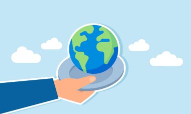 Bir el, küresel ölçekte iş hedefleri belirlemenin bir göstergesi olan küreyle bir tabak tutuyor.