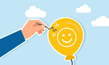 Bir el, iğne kullanarak mutlu bir ifade ile etiketlenmiş bir balonu patlatmaya çalışır, ama onun yerine iğne bükülür, piyasa dikkatinin dengesi ve esnekliğinin bir göstergesi olarak.