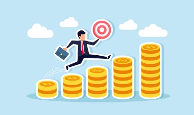 Bir işadamı hedef tahtası taşır ve bir yığın doların üzerinden atlayıp gelir artışında önemli ilerlemeler kaydederek iş hedeflerine ulaşır.
