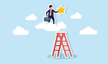 Yıldız taşıyan bir iş adamı, bir merdiven kullanarak buluta tırmanır. İyi iş reytingleri ve kalitesini elde etme çabalarının bir göstergesidir.