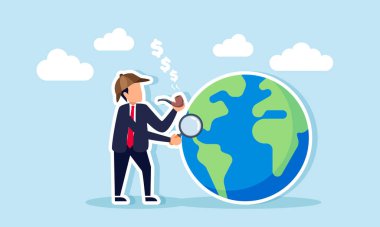 Bir iş adamı olarak, bir dolar madeni para dumanı ve bir büyüteç yayarak küresel iş eğilimlerini analiz ederek gelirleri artıran bir iş adamı.