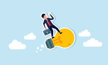 Bir iş adamı gökyüzünde lamba üzerinde uçan sinekler, iş gelişimiyle ilgili fikirler ve yenilikler üretmede artan yaratıcılığın bir göstergesidir.