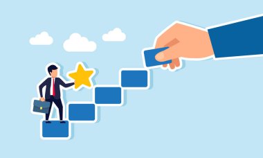 Bir el tarafından düzenlenmiş merdivenleri tırmanma niyetinde olan bir iş adamı, adım adım iş kariyeri büyümesinin resimlerini çiziyor.