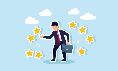 Etrafını saran birkaç yıldızı selamlayan iş adamı, iş ürünlerinin kalitesi hakkındaki olumlu geri bildirimden doğan mutluluğu resmediyor