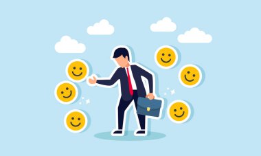 Etrafını saran birkaç mutlu duygu simgesini selamlayan iş adamı, olumlu tepkilerden doğan mutluluğu resmediyor ve piyasanın ilgisini çekiyor.