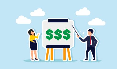 Elinde bir çubuk tutan bir işadamı, bir iş kadınına, ticari yatırım stratejileri üzerine eğitimin bir çizimi olan beyaz tahtanın üzerindeki dolar işaretini açıklıyor.