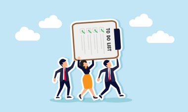 İş adamları birlikte çalışarak bir yapılacaklar listesi tahtası, iş listelerini tamamlamada takım çalışmasının resimlerini oluştururlar