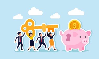 İş adamları bir anahtarı kaldırmak ve onu bir kumbaranın anahtar deliğine hedef almak için birlikte çalışırlar, yatırım varlıklarını artırmak için çözümler bulma amaçlı takım çalışması.