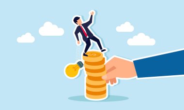 A businessman tries to balance standing on a stack of dollar coins damaged by a hand while accidentally dropping a lamp, illustration of ideas unrealized due to financial instability clipart