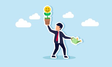 İş adamı elinde mutlu bir simgeyle çiçek açan bir fabrikayı tutarken diğer elinde bir su aracı, iş psikolojisini pazar ilgisinden yönetme gururunun bir örneği.