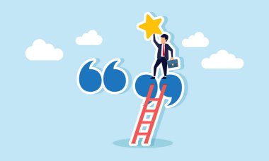 İş adamı tırnak işaretleri üzerinde dururken bir yıldızı kaldırıyor, forum tartışma paylaşımından elde edilen iş ürünü kalitesini iyileştirme çabalarının bir örneği