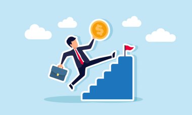 Zirveye ulaşmak için para taşıyan bir işadamı merdivenlerden atlıyor. Bir iş kurmak için finansal istikrarı kullanmanın bir göstergesi.