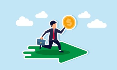 Bir ok boyunca bir dolar taşıyan işadamı, iş gelirlerini ve kârı artırma yönergelerinin çizimi