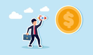 İşadamı bir dolarlık madeni paraya doğru bir roket fırlatmaya hazırlanıyor. Yüksek ticari kar elde etmek için bir işletmeyi hedef almanın bir göstergesi.
