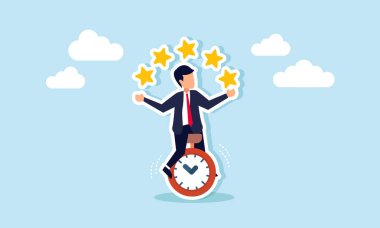 Bir işadamı yıldızlarla jonglörlük yaparken tek tekerlekli bisiklete biniyor, iş saatlerini karşılamak için iş kalitesini artırmak için verilen sürenin bir göstergesi.