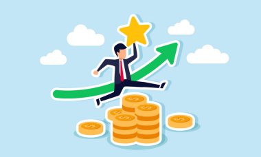 Yükselen yeşil bir grafiğin önüne atlayan bir işadamı, elinde yıldız tutarken iş kalitesinin kar ve gelirdeki artışın önemini gösteriyor..