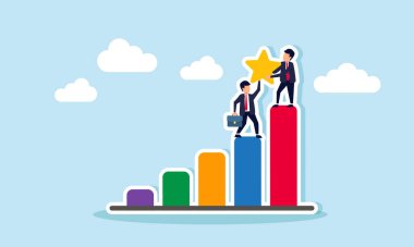 İki işadamı, iş kalitesinin iş performansıyla uyumlu hale getirilmesindeki takım çalışmasının gösterimi olarak, listedeki en yüksek konuma ulaşmak için bir yıldızı kaldırmak için işbirliği yapıyor.