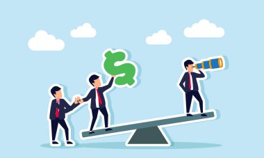 İş adamları tahterevallilerle oynar, bazıları dürbünle gözlemler, biri dolar işareti tutar, diğeri de lamba sahibini destekler, rakip mali stratejileri analiz etmenin bir göstergesi.