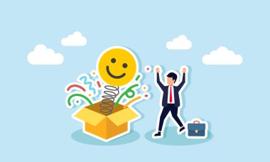 İş adamı, içinde mutlu bir ifade olan bir hediye kutusu aldıktan sonra sevinçle zıplıyor. Mutluluğun göstergesi olarak piyasadan olumlu ilgi görüyor.