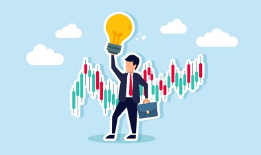 Bir işadamı elinde lamba olan bir çubuk çizelgesinin önünde duruyor, hisse senedi ticaretinden elde edilen geliri artırmak için strateji fikirlerinin çizimi.