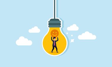 Lambanın içinde kapana kısılmış bir işadamı elinde mutlu bir ifade, iş fikirlerinin ve artan piyasa ilgisindeki yeniliklerin çizimi