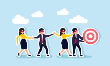 Businesspeople walk hand in hand with blindfolds, the leader carrying a target board, illustration of unstructured business vision leading to random goal achievement clipart