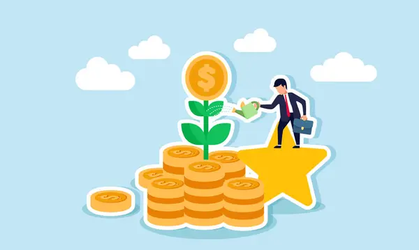 Bir işadamı, para yığınından büyüyen yıldız sulama tesislerine tırmanıyor. Gelir ve satışları artırmak için iş kalitesini kullandığının bir göstergesi.