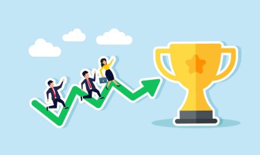 İş adamları bir ödülün yanında yükselen yeşil bir tabloda yarışıyor, ödül kazanmak için iş performansını artırmanın bir göstergesi
