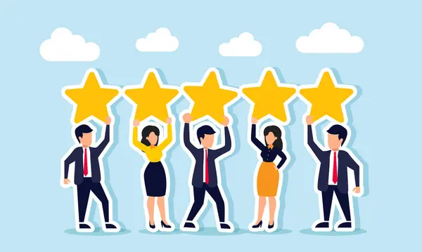 Beş iş adamının her biri bir yıldız taşıyor ve kaldırıyor. İş performansı ve kalitesinde beş yıldızın resmi.