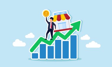 İşadamı, bir mağazaya yaslanırken bir dolar kaldıran bir grafiğin üzerinde duruyor, piyasa iş performansının rapor analizi.