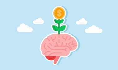 Büyüme ve gelişim için finansal varlıkların yönetiminde kritik ve yaratıcı düşüncenin çizimi olan, gelişmekte olan bozuk paralarla büyüyen bir beyin.