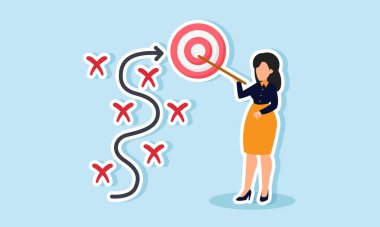 İş kadını elinde bir işaret tutarak, bir akış şeması haritasının hedefi olan hedef tahtasını, ekibi şirket vizyonu ve iş hedefleri hakkında eğitmenin illüstrasyonunu,