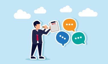 İş adamı bir not panosuna sohbet diyalogları, dökümantasyon illüstrasyonu ve iş performansı geribildirim kaydında özet