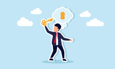 İşadamı, hayal dünyasındaki bir anahtar deliğine bir anahtar yerleştirmek niyetinde. İş sorunlarının çözümünün ya da anahtarının çizimi.