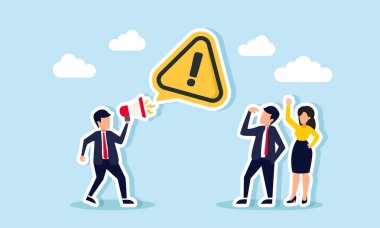 Bir işadamı başka bir girişimciyle konuşur, bir megafon kullanır, bir ünlem işareti yaratarak dikkati sembolize eder, iş hayatında daha dikkatli ve dikkatli olunması için bir uyarıda bulunur.