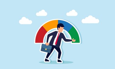 Bir işadamı elini yeşil bir göstergeye doğrultuyor ve bir iş şirketinin performansını artırdığını gösteriyor.