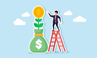 Bir işadamı, para çantasından büyüyen ve çiçek açan bozuk paraların hasadını yapmak için merdivene tırmanır.