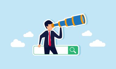 Bir iş adamı, bir teleskopla gözlemleyerek, SEO 'nun ticari optimizasyondaki performansını değerlendirmek ve analiz etmek amacıyla bir arama motorundan çıkar.