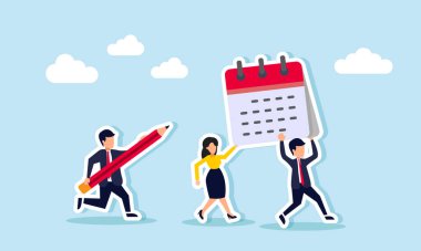 İş adamı ve iş kadını bir takvim taşırken, başka bir işadamı onları kalem, çizim ve planlama çizelgesi ile kovalıyor.